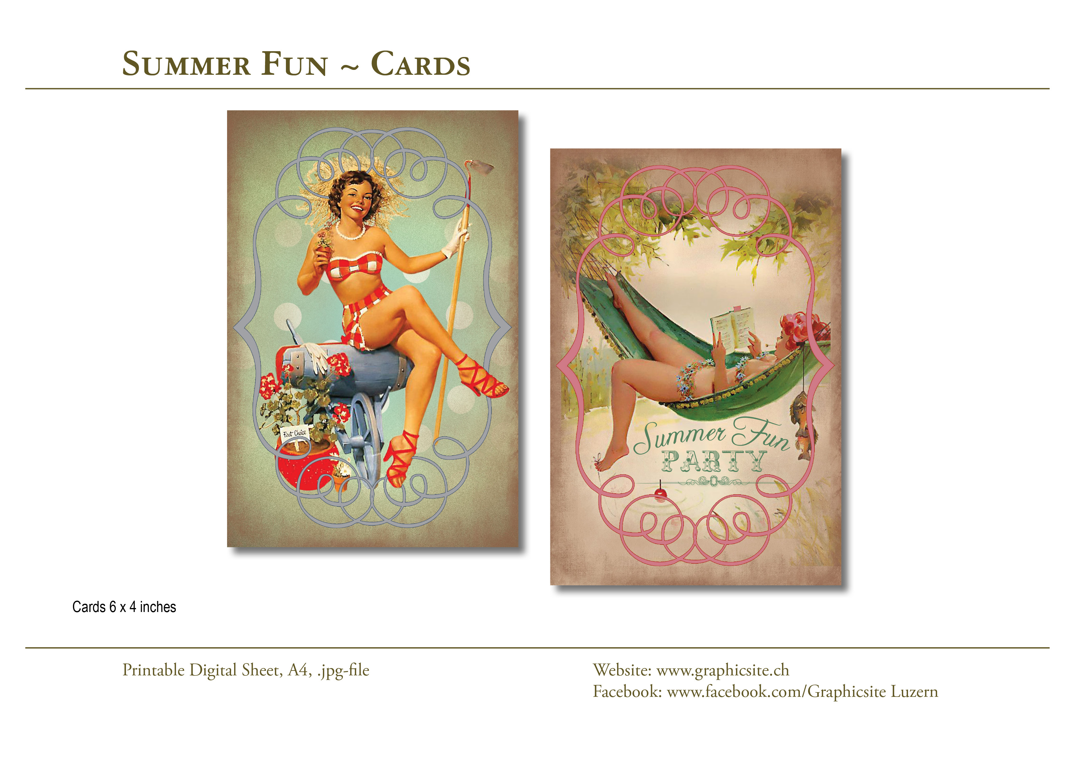 Printable Digital Sheets - 6x4 Images - Retro PinUp SummerFun, #pinup, #summer, #party, #invitation